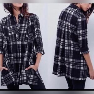 Free People Baby Blues Black & White Plaid Pleated Tunic with Pockets Medium